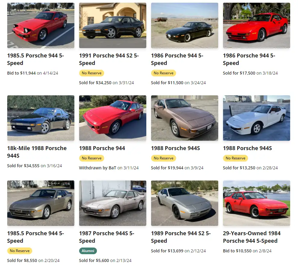 Porsche 944 listings on online marketplaces such as BAT